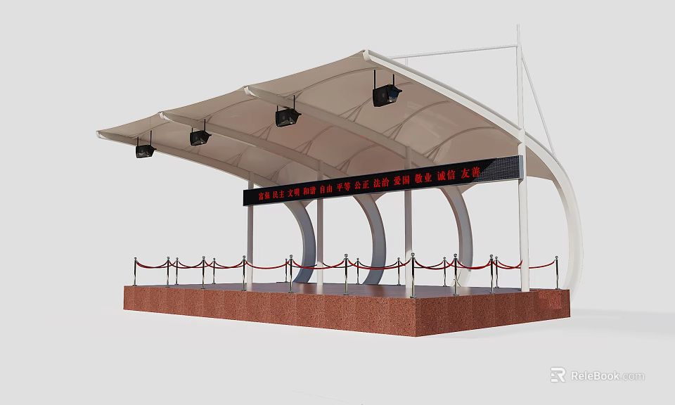 White Tensile Shade Canopy With Black Speakers Red Stage Base And Banner 3d model 