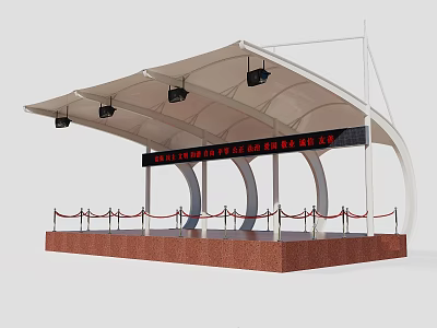 White Tensile Shade Canopy With Black Speakers Red Stage Base And Banner 3d model