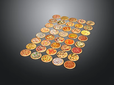 Colorful Various Topped Pizzas Arranged In Creative Pattern On Dark Background 3d model