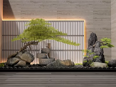 Serene Indoor Landscape Design With Rockery Stones Pine Tree Stone Steps And Lattice Wall 3d model