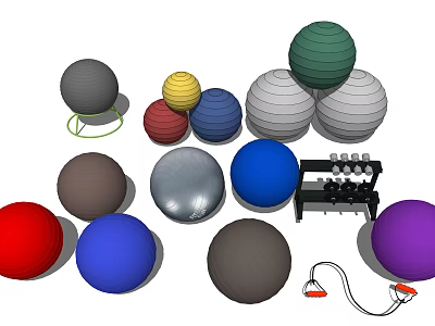 Colorful Fitness Balls Dumbbell Rack And Jump Rope Sports Equipment Set 3d model