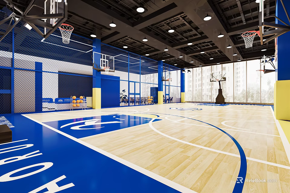 Indoor Basketball Court with Wooden Floor Basketball Hoops Overhead Lighting Net Partitions and Large Windows 3d model 