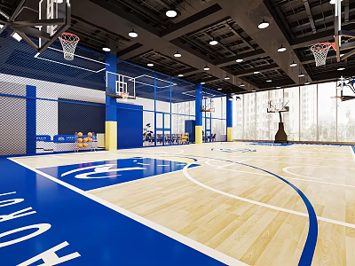 Indoor Basketball Court with Wooden Floor Basketball Hoops Overhead Lighting Net Partitions and Large Windows 3d model