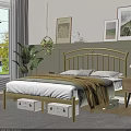 Modern Bedroom Interior with Golden Headboard White Sheets Yellow Blanket Green Plant and Decorative Paintings