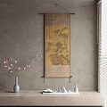 Traditional Chinese Scroll Painting With Landscape Bamboo And Vase Flowers On Gray Wall