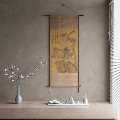 Traditional Chinese Scroll Painting With Landscape Bamboo And Vase Flowers On Gray Wall 3d model