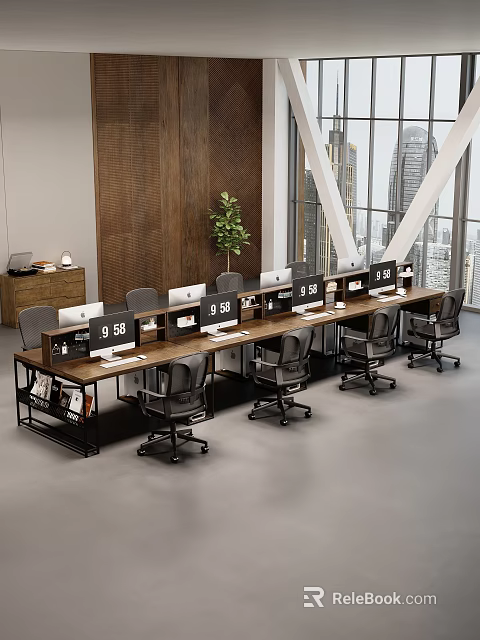 Modern Industrial Solid Wood Office Desks With Partitions For Spacious Open Plan Team Workplace 3d model 