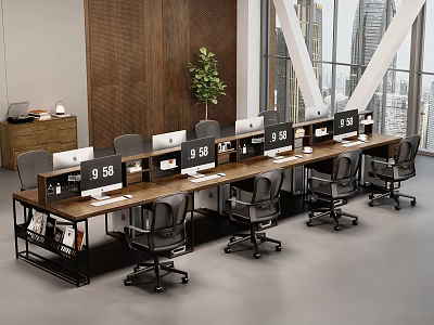 Modern Industrial Solid Wood Office Desks With Partitions For Spacious Open Plan Team Workplace 3d model