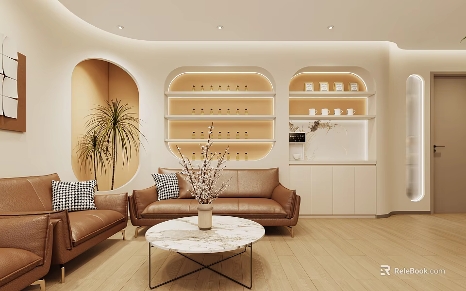 Beauty Hair Salon Modern Interior Design With Leather Sofa Marble Coffee Table And Plants 3d model 