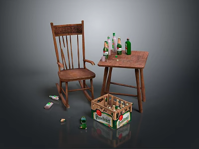 Vintage Wooden Rocking Chair and Small Table Set With Beer Bottles Crate and Cans 3d model