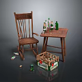 Vintage Wooden Rocking Chair and Small Table Set With Beer Bottles Crate and Cans