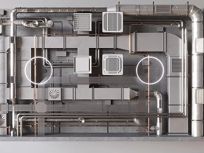 Industrial Pipeline System With Metallic Structure And Ventilation Components Layout 3d model