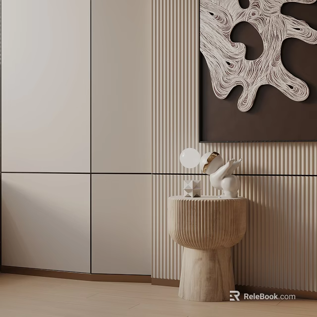 Minimalist Modern Wooden Side Table with Sculpture on Textured Wall Decor Design 3d model 