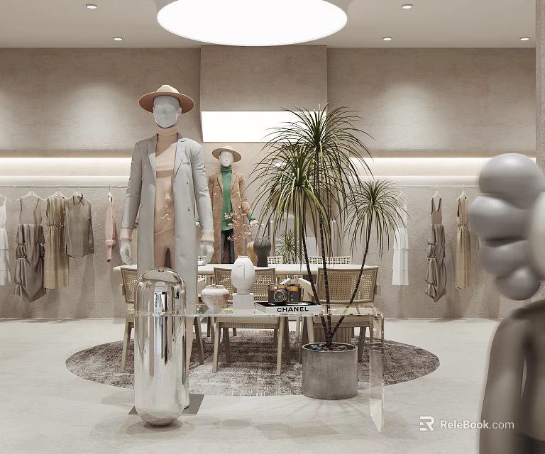 Modern Clothing Store Interior With Mannequins Hats Clothing Racks And Plants 3d model 