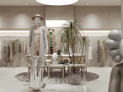 Modern Clothing Store Interior With Mannequins Hats Clothing Racks And Plants 3d model