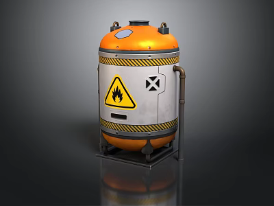 Industrial Storage Tank Cylindrical Orange Silver With Yellow Warning Stripes Flame Symbol Metal Stand Pipes 3d model