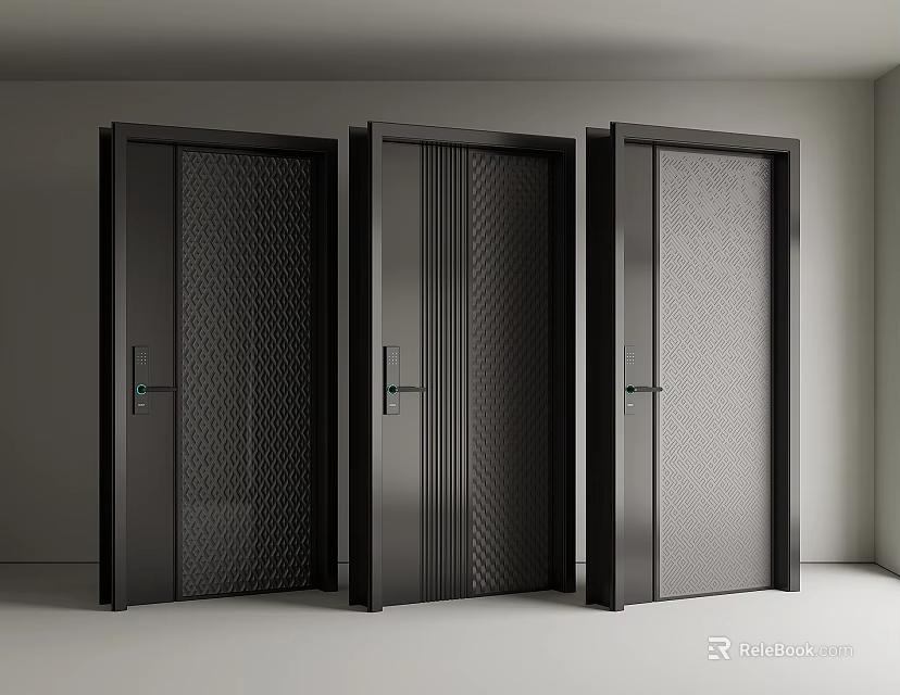 Three Modern Black Security Doors With Grid And Vertical Striped Panels 3d model
