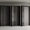Three Modern Black Security Doors With Grid And Vertical Striped Panels 3d model