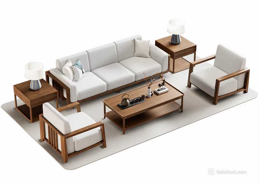 Modern Light Gray Sofa And Coffee Table Set With Wooden Armchairs Side Tables And Lamps 3d model 