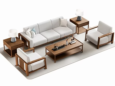 Modern Light Gray Sofa And Coffee Table Set With Wooden Armchairs Side Tables And Lamps 3d model