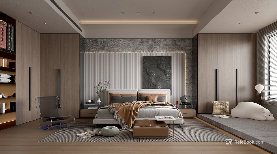Modern Bedroom Interior With Textured Gray Accent Wall Wooden Panels Bed And Decor 3d model 