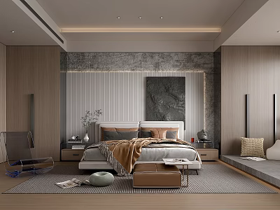 Modern Bedroom Interior With Textured Gray Accent Wall Wooden Panels Bed And Decor 3d model