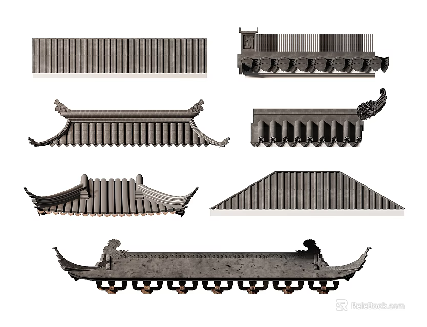 Traditional Chinese Architectural Roof Components With Various Classic Eave And Tile Designs 3d model 