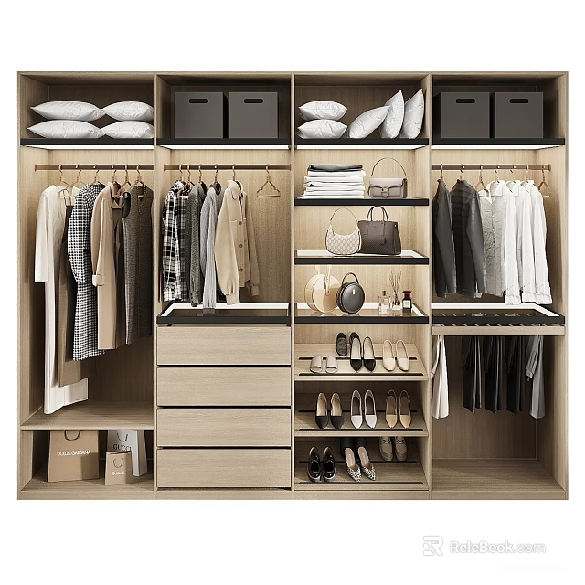 Modern Organized Wardrobe Design With Hanging Folded Clothes Drawers Shoes And Bags 3d model 