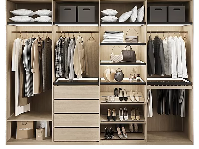 Modern Organized Wardrobe Design With Hanging Folded Clothes Drawers Shoes And Bags 3d model
