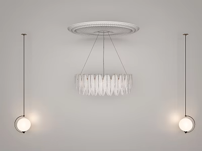 Elegant Modern Crystal Chandelier With Feather Like Design In Interior Space And Round Wall Lamps 3d model