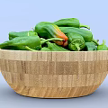 Fresh Green Peppers In Wooden Bowl With Ripe Orange Tipped Varieties