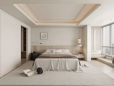 Modern Minimalist Bedroom Interior With Cozy Bed Soft Rug Large Window And Artwork 3d model