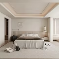 Modern Minimalist Bedroom Interior With Cozy Bed Soft Rug Large Window And Artwork