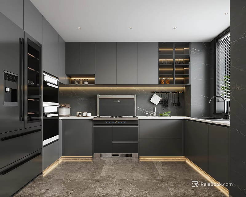 Modern Kitchen Interior With Dark Gray Cabinets Integrated Appliances And Sleek Countertop 3d model 