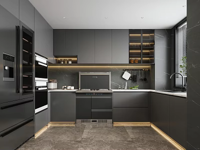 Modern Kitchen Interior With Dark Gray Cabinets Integrated Appliances And Sleek Countertop 3d model