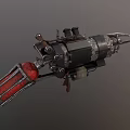 Steampunk Mechanical Weapon With Spiked Protrusions Red Cylinder And Metal Pipes