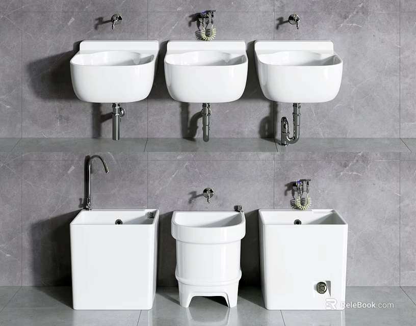 White Bathroom Sinks In Various Styles Against Gray Tile Wall Background 3d model
