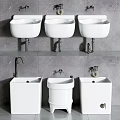 White Bathroom Sinks In Various Styles Against Gray Tile Wall Background 3d model
