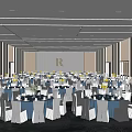Modern Banquet Hall With Arranged Tables Chairs Lighting And Floral Backdrop Logo