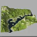 Detailed 3D Terrain Model With Green Mountain Ranges And Blue Water Bodies