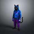 Character Wearing Cat Ear Hat With Starry Blue Hoodie And Purple Pants Tail