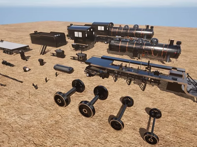 Vintage Train Locomotive Carriages And Wheels On Desert Ground 3d model Vintage Train Locomotive Carriages And Wheels On Desert Ground 3d model