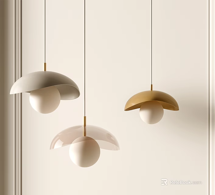 Modern Minimalist Pendant Lights With Mushroom Shaped White Gold Pink Shades In Interior 3d model 