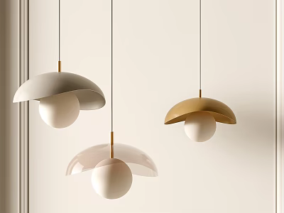 Modern Minimalist Pendant Lights With Mushroom Shaped White Gold Pink Shades In Interior 3d model