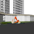 Modern Entrance Gate With Orange Sculpture Black Pavement And Lawn Among High Rise Buildings