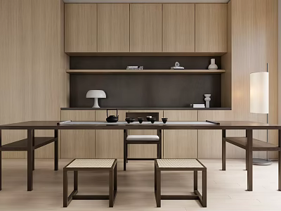 Modern Tea Table And Chairs With Wooden Cabinets Shelves Tea Utensils And Lamps 3d model