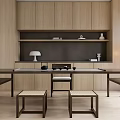 Modern Tea Table And Chairs With Wooden Cabinets Shelves Tea Utensils And Lamps