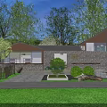 Nighttime Guesthouse Building Surrounded by Trees With Stone Wall Glass Windows and Illuminated Lawn Greenery