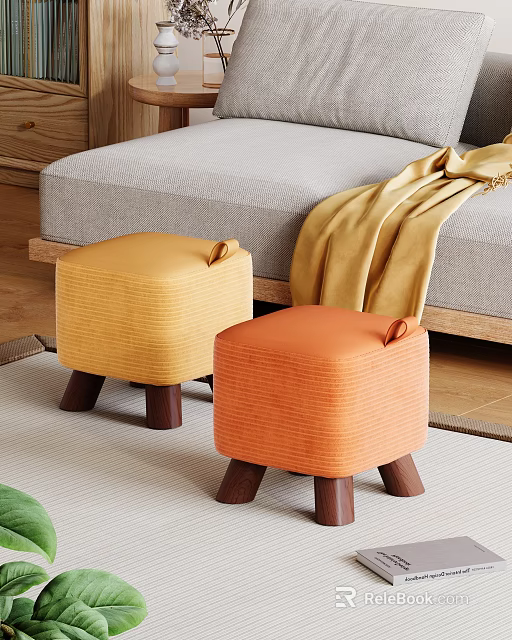 Cozy Living Room With Yellow And Orange Woven Fabric Stools With Wooden Legs 3d model 