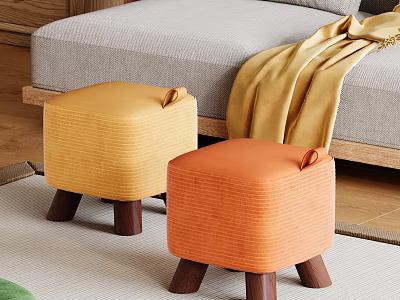 Cozy Living Room With Yellow And Orange Woven Fabric Stools With Wooden Legs 3d model